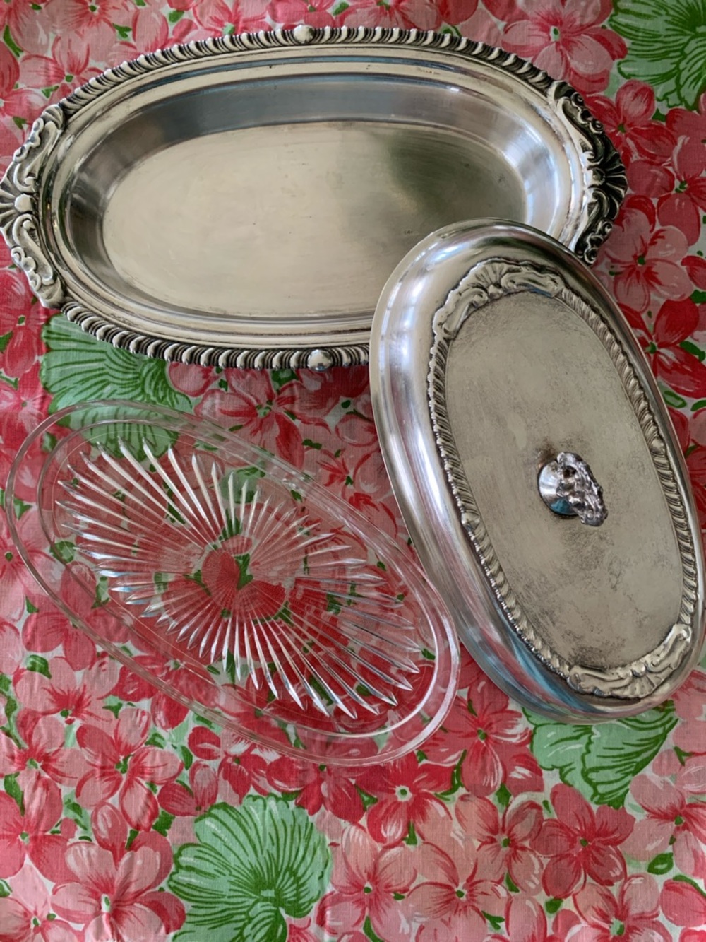 (3) Piece Vintage Silver Covered Butter Dish With Original Glass Liner 9” X 5”